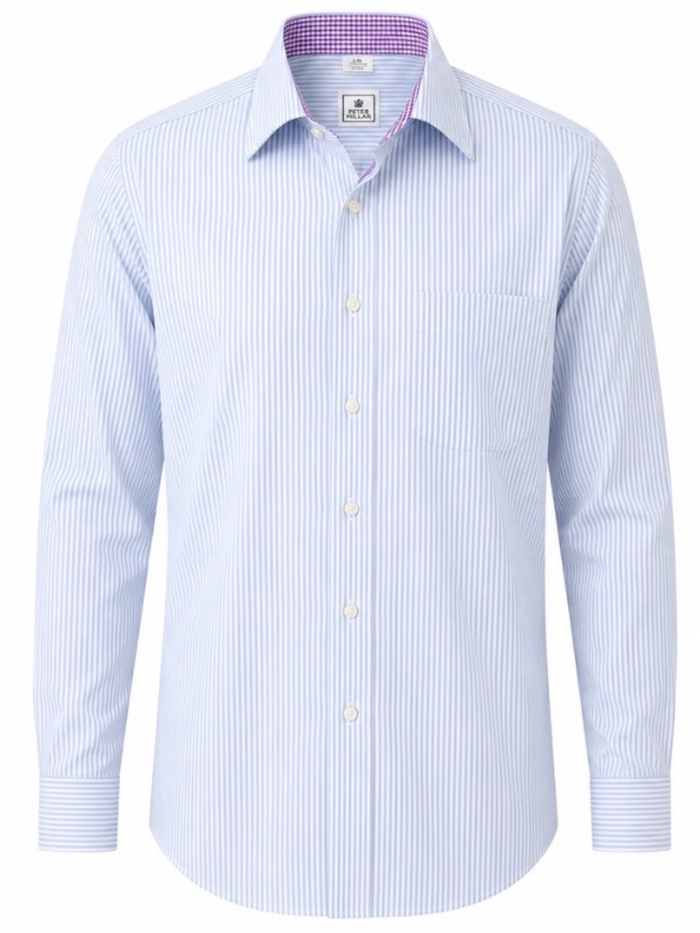 Peter Millar Light Blue Pinstripe Dress Shirt with Purple Contrast Collar